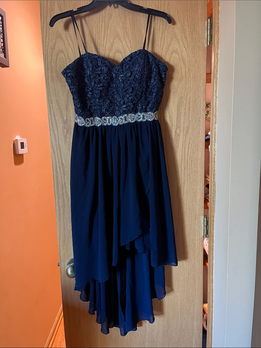 City Studio Navy Blue Lace High-Low Prom Dress with Beaded Waist